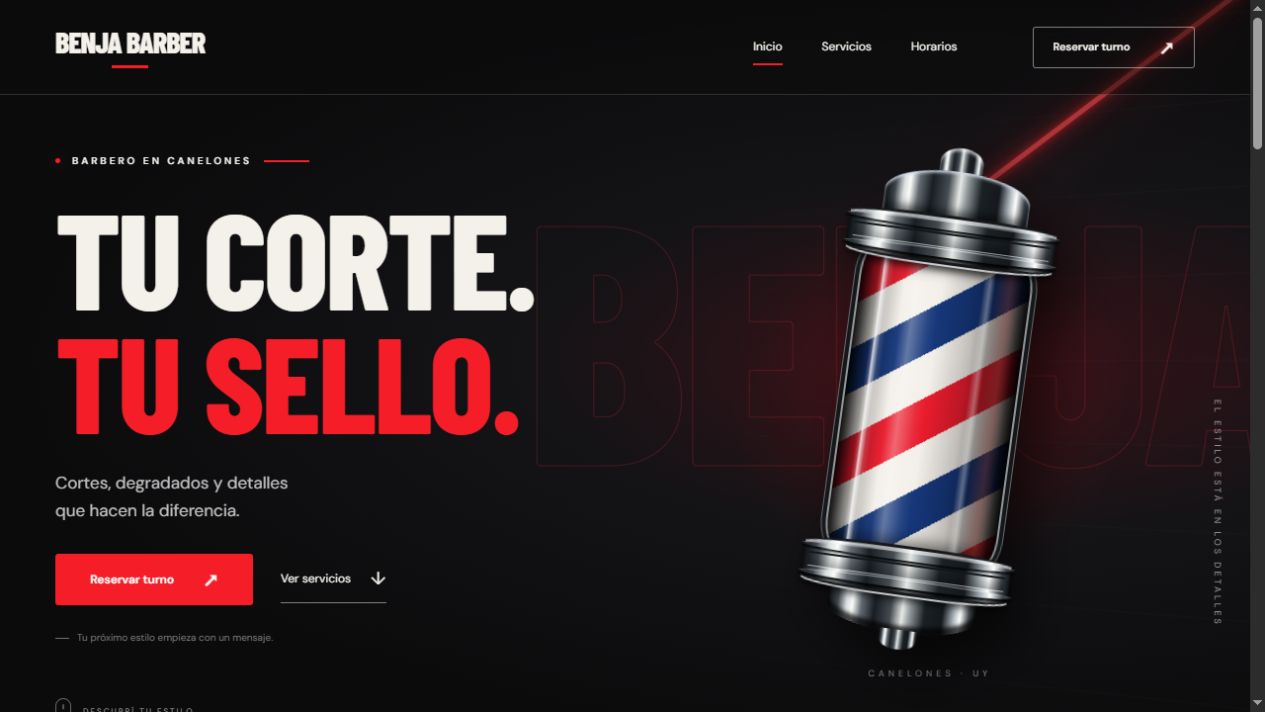 Captura real de la página de inicio de Benja Barber