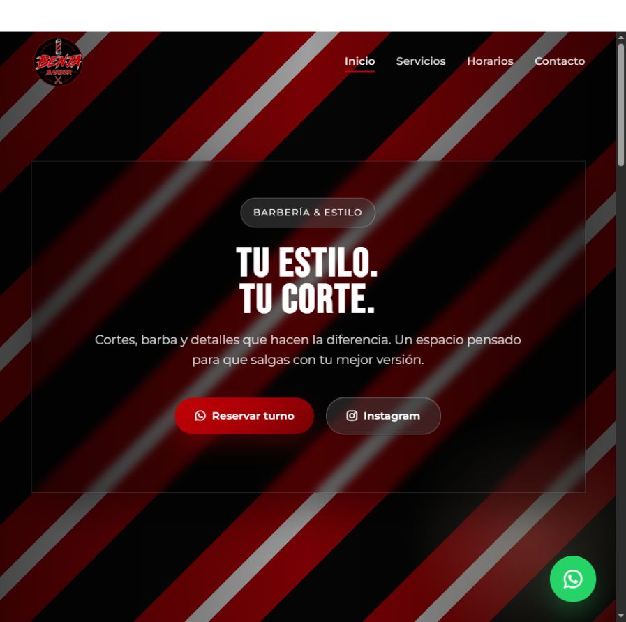 Captura real de la página de inicio de Benja Barber